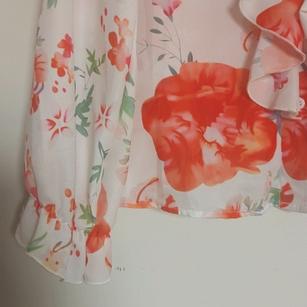 Floral Ruffle Women's Top - Orange and White XL - Picture 11 of 11